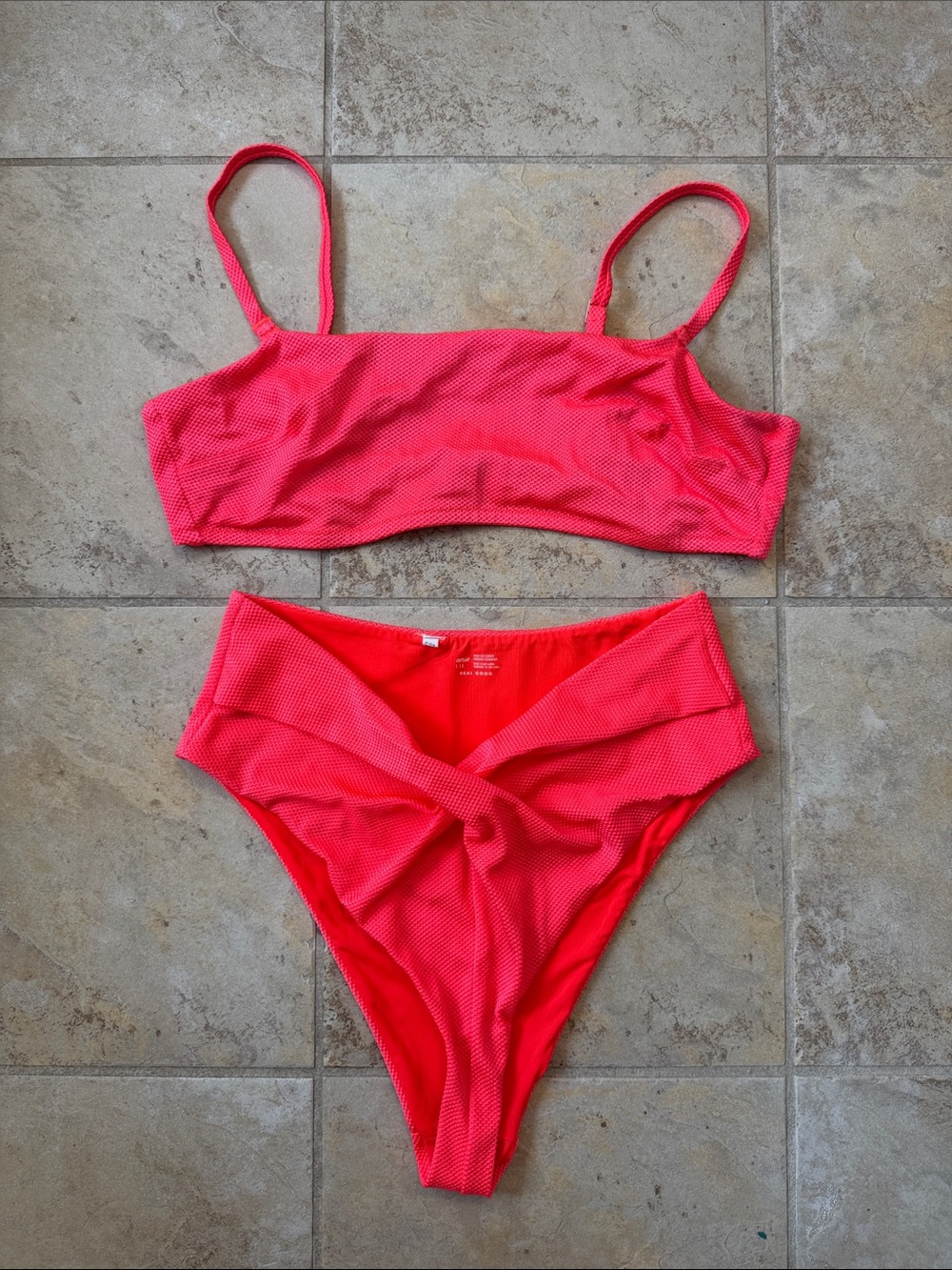 aerie Hot Pink Textured High-Waist Bikini Set